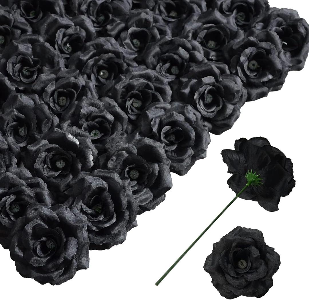 Rose Artificial Flowers, 50Pcs Black Roses Head Flowers Bulk with Stem, 3 Inches Silk Rose Fake Flower Head for Wedding Party Home Decor DIY Baby Shower Centerpieces Tables Decoration(Black)
