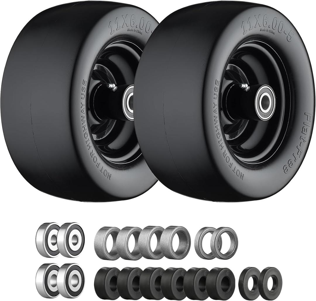 11x6.00-5 Flat Free Tire, Zero Turn Mower Front Tires with 3/4" or 5/8" and 1/2" Bearings, 5.2"- 8.3" Centered Hub, Load 400lbs, 11x6.00-5 Tires for Zero Turn Mower by Cubesprings - 2Pack, 11x6.00-5 Black