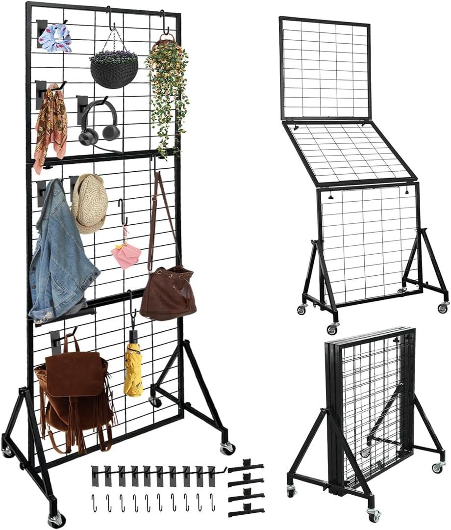 Heavy Duty Adjustable Grid Wall Panels, Foldable Gridwall Panels with Braked Wheels-Included 24 HooksSuitable for Art Fairs Craft Display Retail Storage, 25.95" W x 17.25" D x 72.85" H