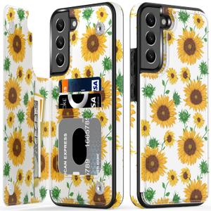 LETO Galaxy S21 FE Case,Luxury Flip Folio Leather Wallet Case Cover with Fashion Designs for Girls Women,Card Slots Kickstand,Protective Phone Case Nice Sunflowers
