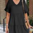 ANRABESS Dresses for Women Summer 2026 V Neck Ruffle Sleeve A Line Tiered Flowy Casual Trendy Mini Beach Dress with Pockets (Black, S)