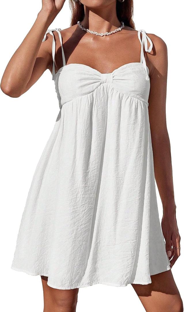 Narecte Casual Summer Dresses for Women Flowy Sun Dress Mini Dress Cute Spaghetti Strap Dress (Medium, White)