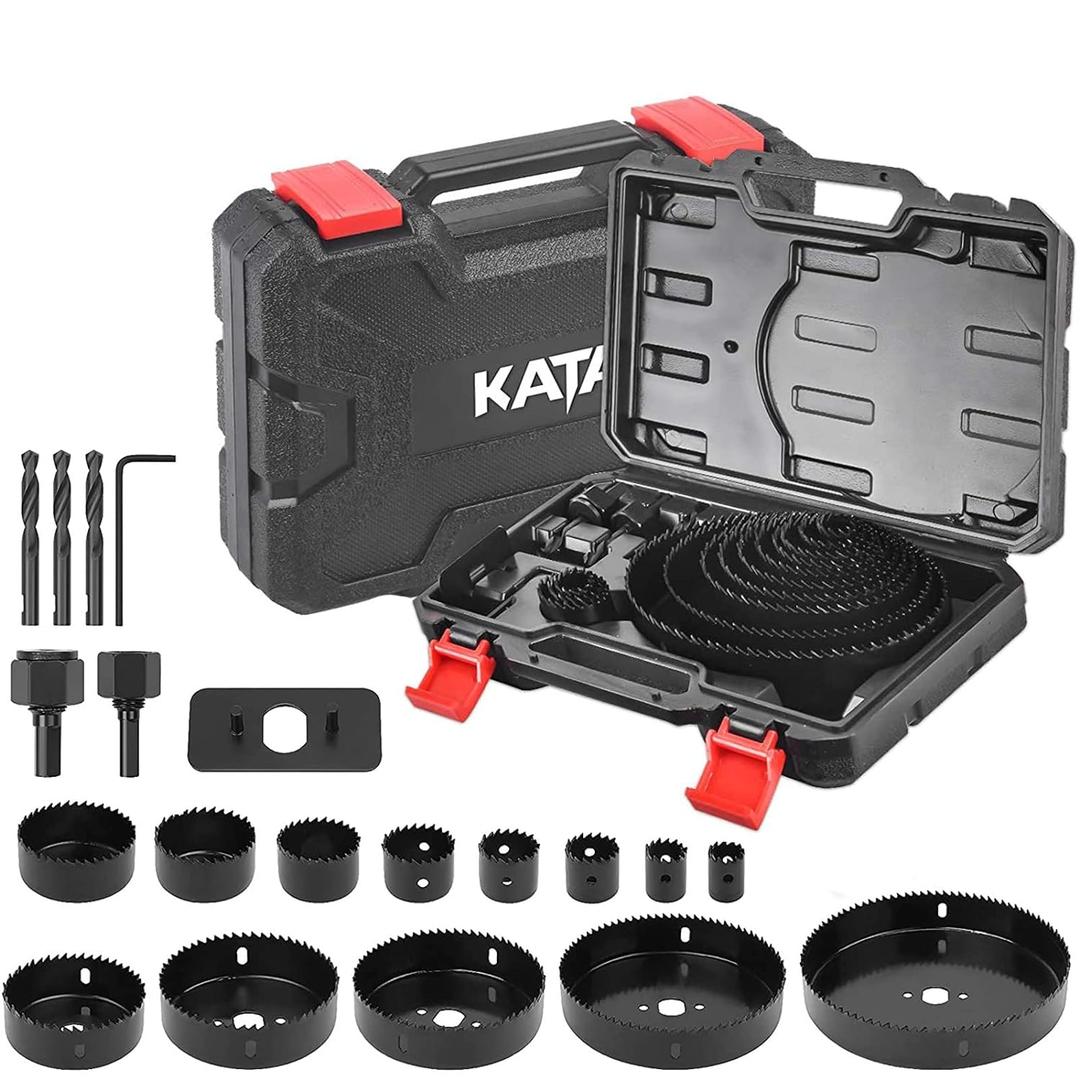 KATA Hole Saw Set 20PCS Hole Saw Kit with 3/4"-6"(19-152mm) 13PCS Saw Blades, 2 Mandrels, 3 Drill Bits, 1 Installation Plate, 1 Hex Key, Ideal for Soft Wood, Plywood, Drywall, PVC (Black)