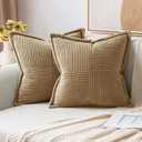 MIULEE Khaki Corduroy Pillow Covers 18x18 Inch with Splicing Set of 2 Soft Boho Striped Pillow Covers Broadside Decorative Textured Pillowcases for Couch Cushion Bed Livingroom