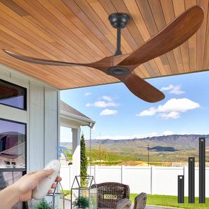 ABZ 52" Solid Wood Ceiling Fan, Outdoor, 3 Blade, No Light, Walnut, for Patio Living Room Bedroom Porch, Remote Control, Water Resistant (52 INCH, Walnut Wood)