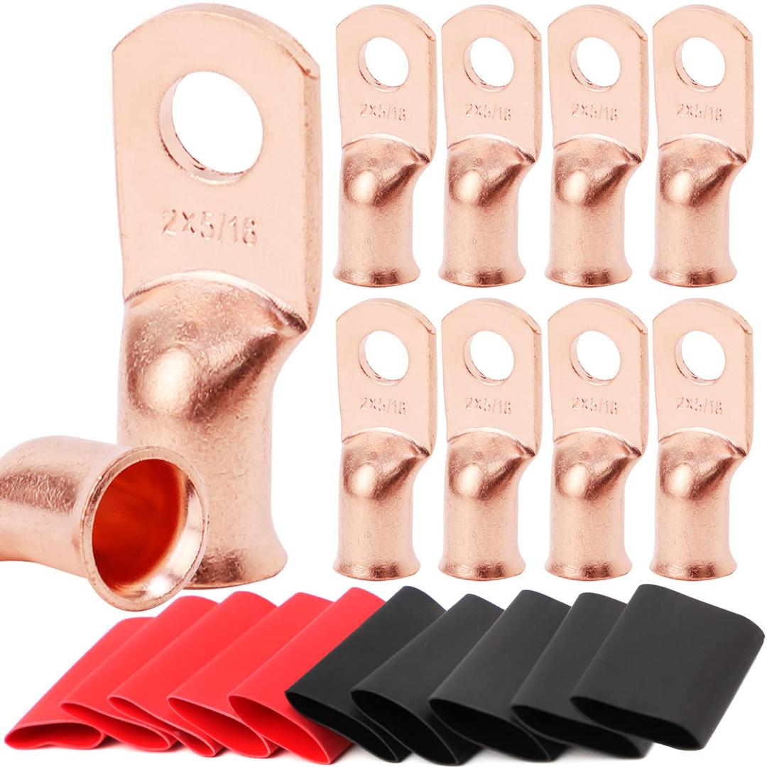 TKDMR 10pcs 2 AWG-5/16 Battery Lugs,Heavy Duty Wire Lugs,Ring Terminals,Battery Cable Ends,0 Guage terminals,Battery Terminal Connectors with 10pcs 3:1 Heat Shrink Tubing