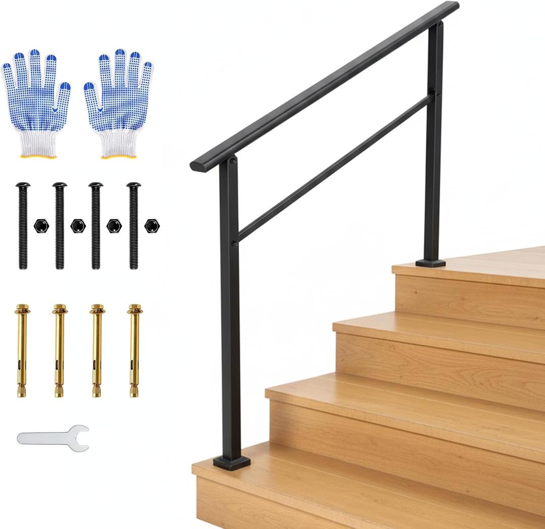 Garvee Outdoor Handrail for Steps, 4 Step Stair Handrail & Indoor Stair Railing Kit, Black Aluminum Railing with Iron Poles for Outdoor Indoor Steps & Porch, Includes Gloves (1 Pack)