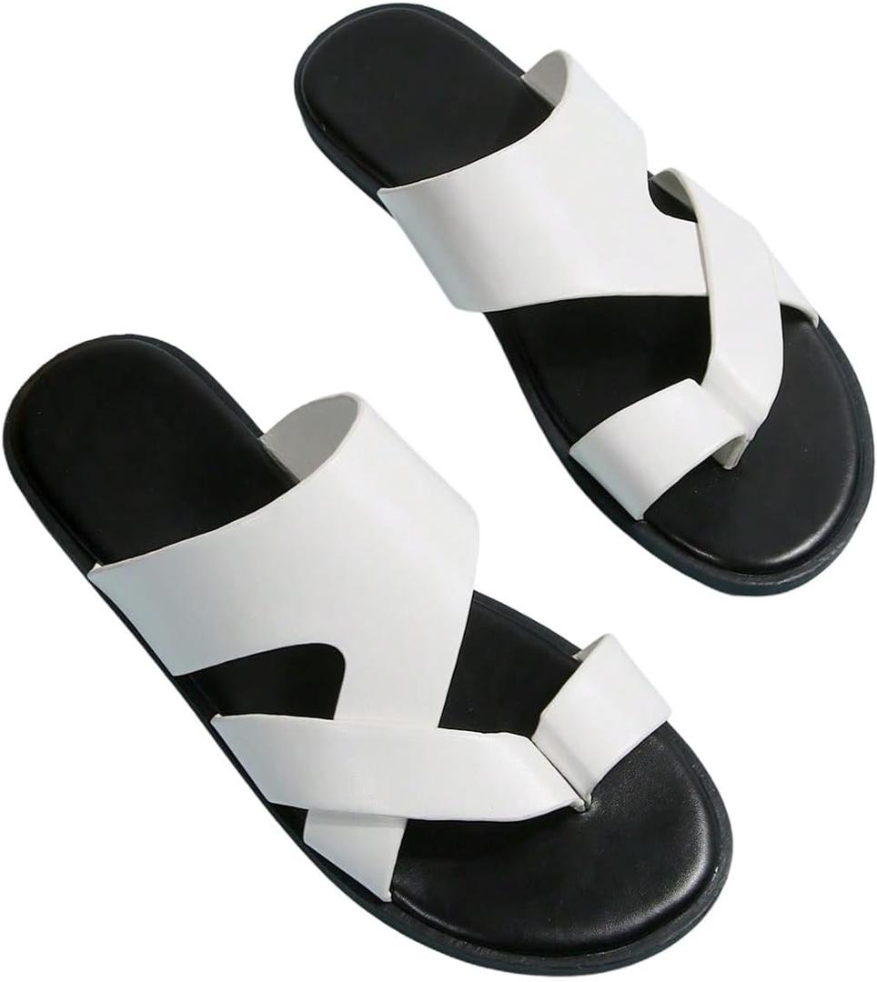 GORGLITTER Men's Beach Leather Sandals 2025 Slide Footwear Round Flip Flops Pu Slip On Slippers (White), Size 8.5