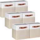 11 Inch Cube Storage Bin - 6 Pack - Linen Fabric 11x11 Cube Storage Bins for Bedroom, Living Room, Clothes and Toys; Foldable, Dual Leather Handles