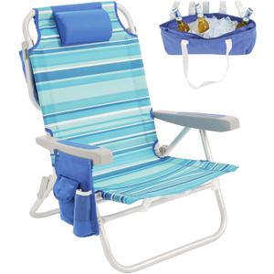 SUNNYFEEL Low Beach Chair, 5-Position Lay Flat Reclining, Backpack Portable Folding Chair with Cooler Bag & Cup Holder, Heavy Duty 350 LBS, Compact for Beach, Camping, Travel