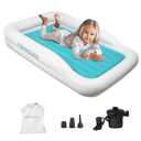COMMOUDS Portable Toddler Travel Bed with Safety Bumpers, Inflatable Kids Air Mattress with Electric Pump, Baby Blow up Mattress, for Grandma's Home Camping Vacation (Teal)
