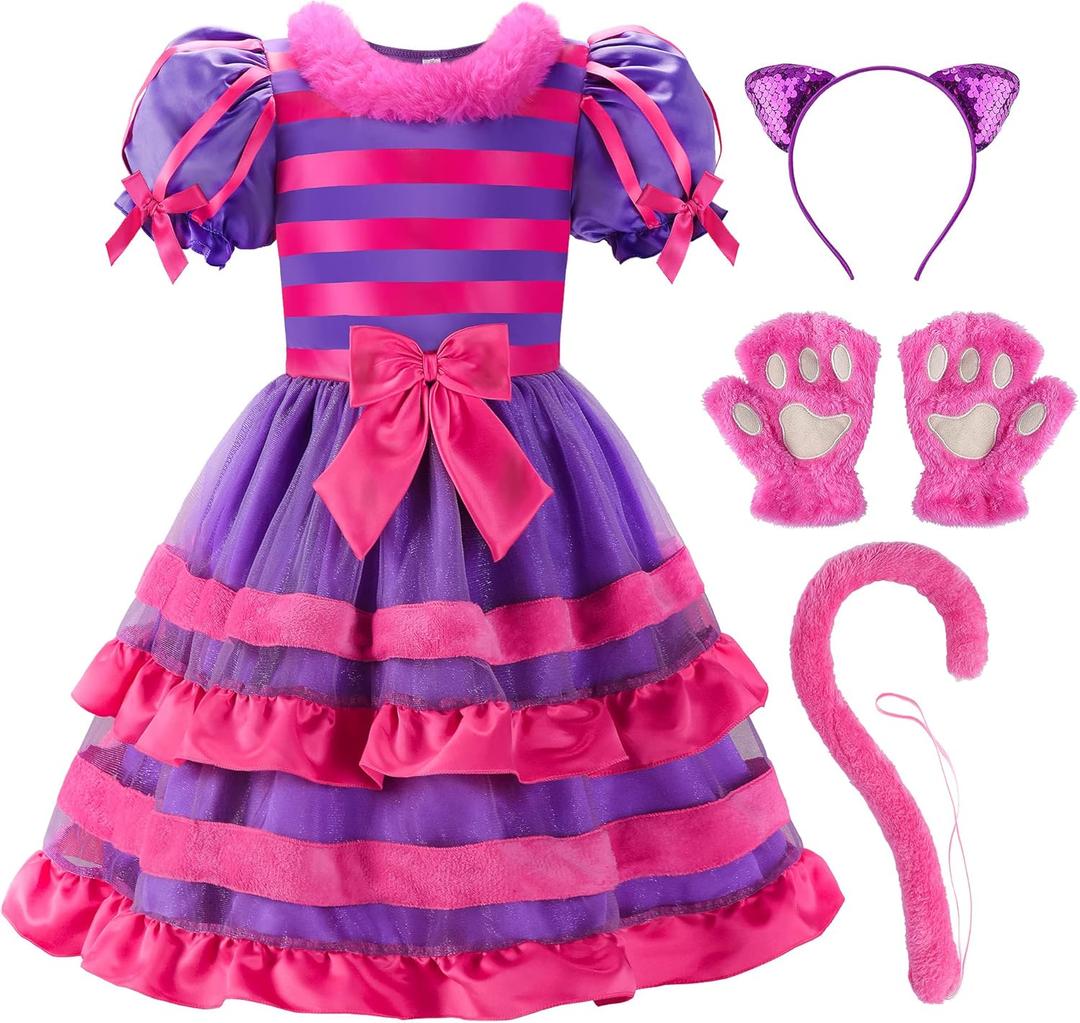 ReliBeauty Cartoon Magic Striped Cat Dress Wonderland Costume for Girls with Headband, Gloves and Tail (8/130)