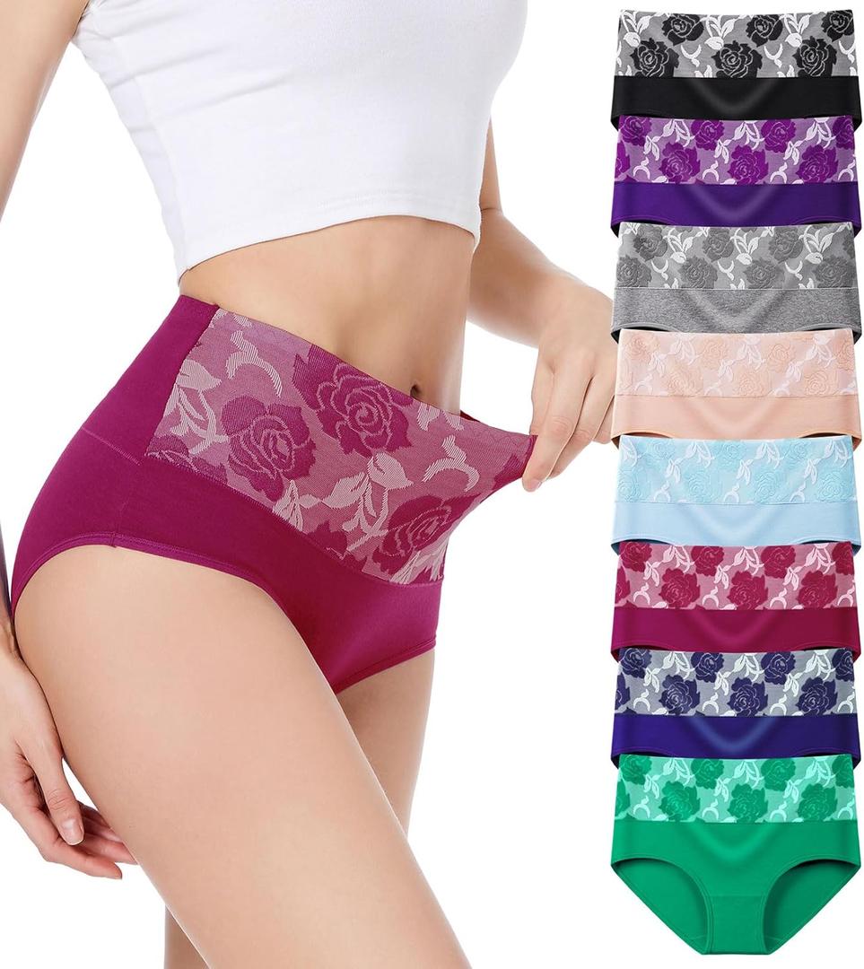 HAVVIS Women's Briefs Underwear Cotton High Waist Tummy Control Panties Rose Jacquard Ladies Panty Multipack (XX-Large)