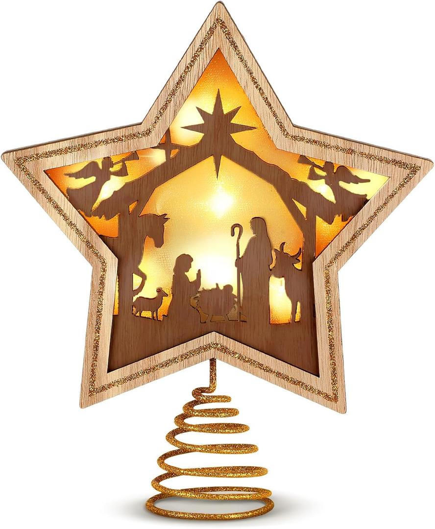 9.2 x 7.8 Inch Nativity Christmas Tree Topper Star Tree Topper Star of Bethlehem with LED Light for Religious Christian Party Decoration Tabletop Display Housewarming Birthday Gift (Brown)