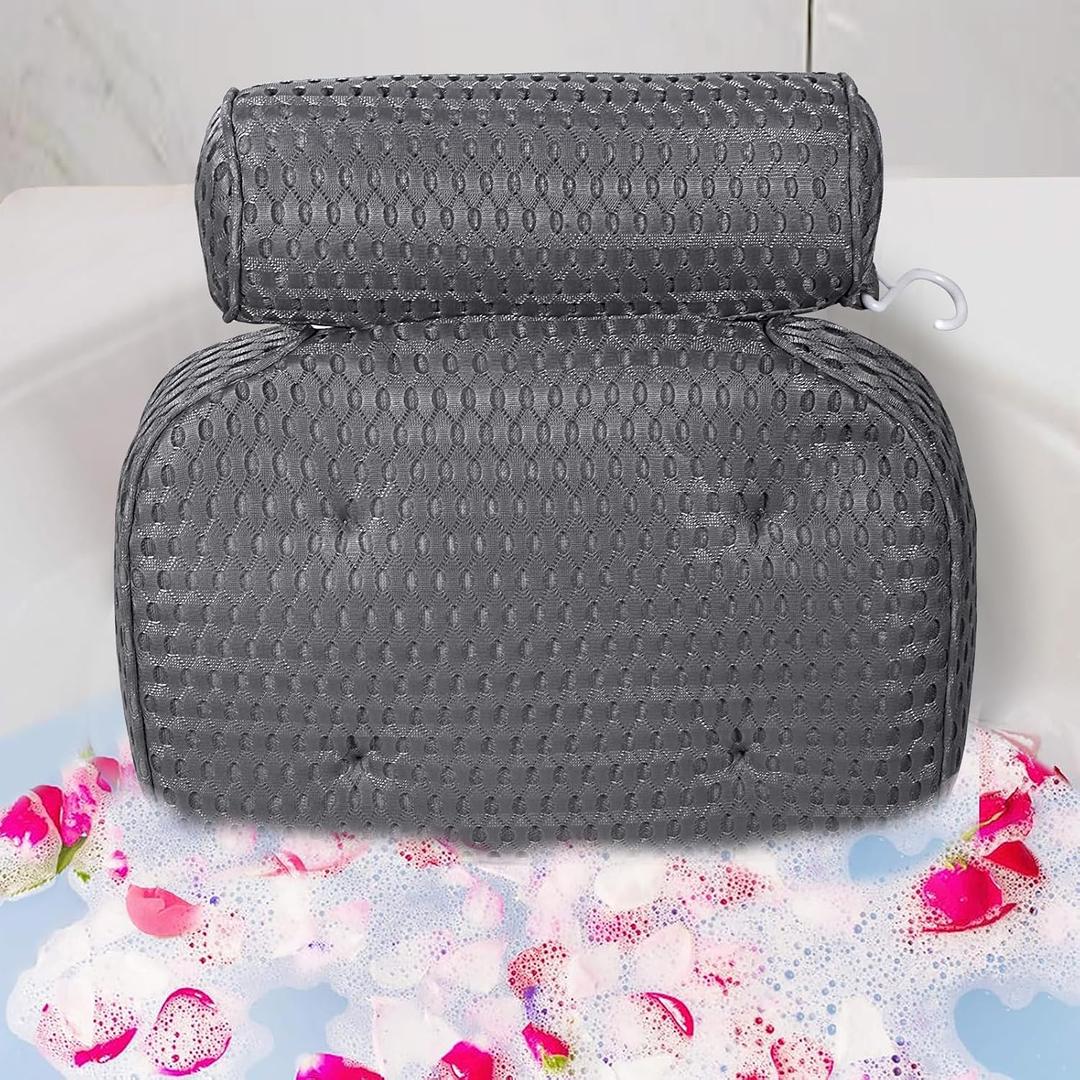 Bath Pillow for Tub Support Neck and Back, Bathtub Pillow Bath Accessories for Bathtub Women, Hot Tub Accessories for Adults Gray