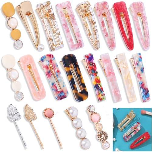 Fashion Hair Clips Set, 21Pieces, Acrylic Resin and Pearl Design, Marble Pattern Barrettes, Pink and Gold Hair Accessories for Women