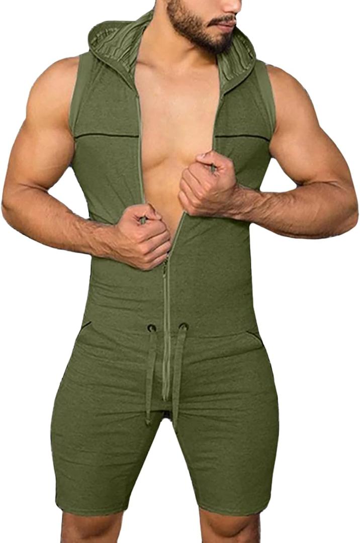 Panegy Men's Workout Tracksuit Jumpsuit Sleeveless One Piece Romper Work Athletic Onesie Plus Size (Medium, Green)