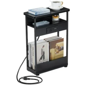 GGWEW Narrow Side Table with Charging Station, 3 Tier Slim End Table for Small Spaces, 23.6 Inch Height Thin Tables with Storage Shelf and Magazine Rack for Living Room, Black