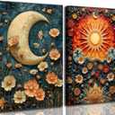 2 Pcs Celestial Canvas Wall Art Vintage Mystical Moody Sun and Moon Floral Painting Picture Wall Decor Posters Print Artwork for Living Room Bedroom Home Decoration