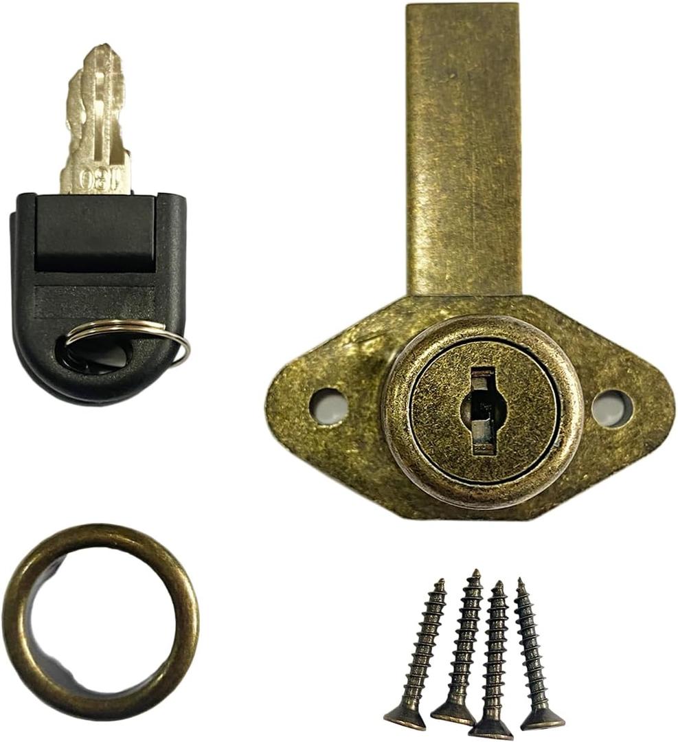 Desk Drawer Lock,Zinc Alloy Antique Bronze Cabinet Locks,Desk Locks for Drawers with key-7/8 (.875") Bore,keyed Gun/File Cabinet Lock kit,Filing Dreeser Replacement,Includes Trim Ring,Matching Screws