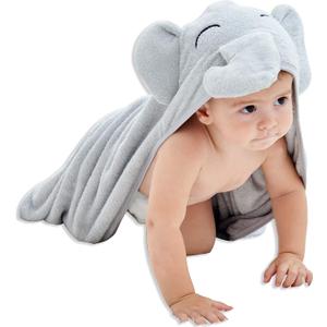 HIPHOP PANDA Hooded Towel - Rayon Made from Bamboo, Bath Towel with Bear Ears for Newborn, Babies, Toddler, Infant - Absorbent Large Baby Towel - Grey Elephant, 30 x 40 Inch