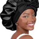 Silk Bonnet for Women, Satin Bonnet for Sleeping, Large Sleep Cap with Elastic Tie Band for Curly Hair, Black