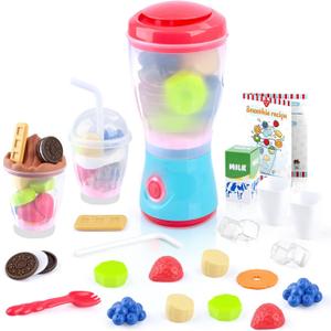 PLAY Smoothie Maker Toy Blender Set - 27 Pcs Pretend Play Kitchen Appliance for Kids with Realistic Action, Light and Sound, Play Toy Food Fruits and Cookies, Toy Mixer Birthday Gift for Kids Ages 3+