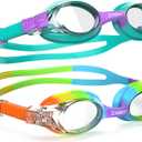K20 Swimming Goggles for Kids Girls Boys Age 3-10 Years Old, Anti-fog 100% UV Protection with Travel Bag (#92.[2pack] Rainbow & Teal Purple)