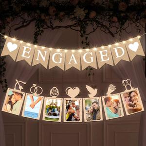 2 Pieces Engaged Banner and Photo Banner Romantic Engagement Wedding Decorations Engagement Party Decor Engaged Burlap Wedding Party Sign Bridal Shower Supplies