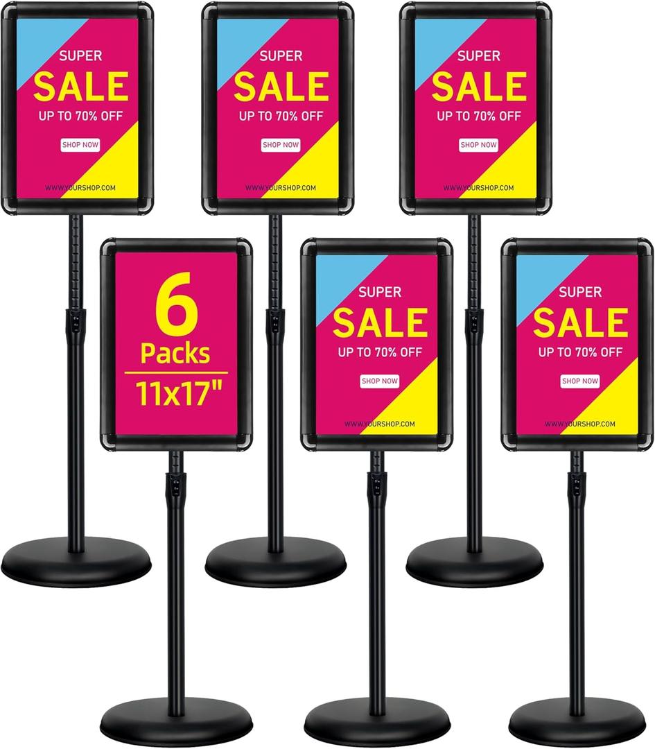 6Packs 11x17 Inch Adjustable Pedestal Poster Sign Stand, Heavy Duty Floor Standing Sign Holder Stand Aluminum Snap Open Frame for Vertical and Horizontal View Sign Displayed(Black, Round)