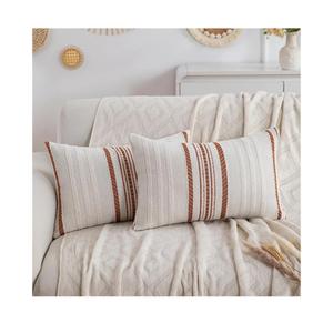 Decorative 2 Packs Burnt Orange Boho Lumbar Pillow Covers 12x20 Inch Chenille Striped Throw Pillow Covers for Couch, Farmhouse Long Boho Throw Pillows for Bed Bedroom Living Room Chair Gifts