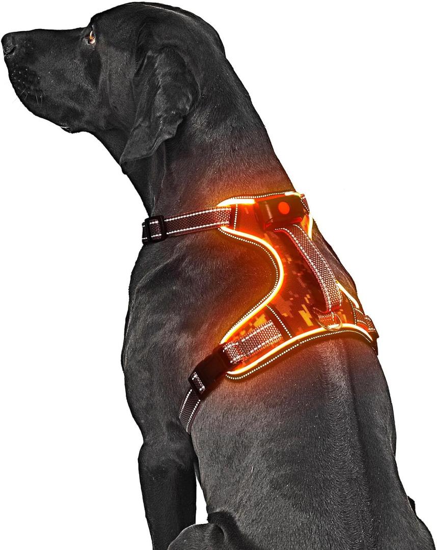 Light Up Dog Harness No Pull LED Dog Harness with Soft Handle Rechargeable Lighted Dog Harness for Large Dogs (Reflective, Adjustable, Lightweight), Orange-LED