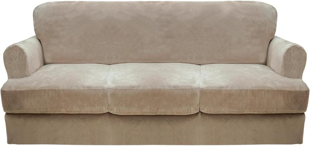 CUCRAF Cushion Sofa Cover 4 Piece Slipcovers, Soft Thick Velvet Couch Cover for Living Room, Washable High Stretch Furniture Protector with 3 Cushion Sofas Slipcover, (XL, Khaki)