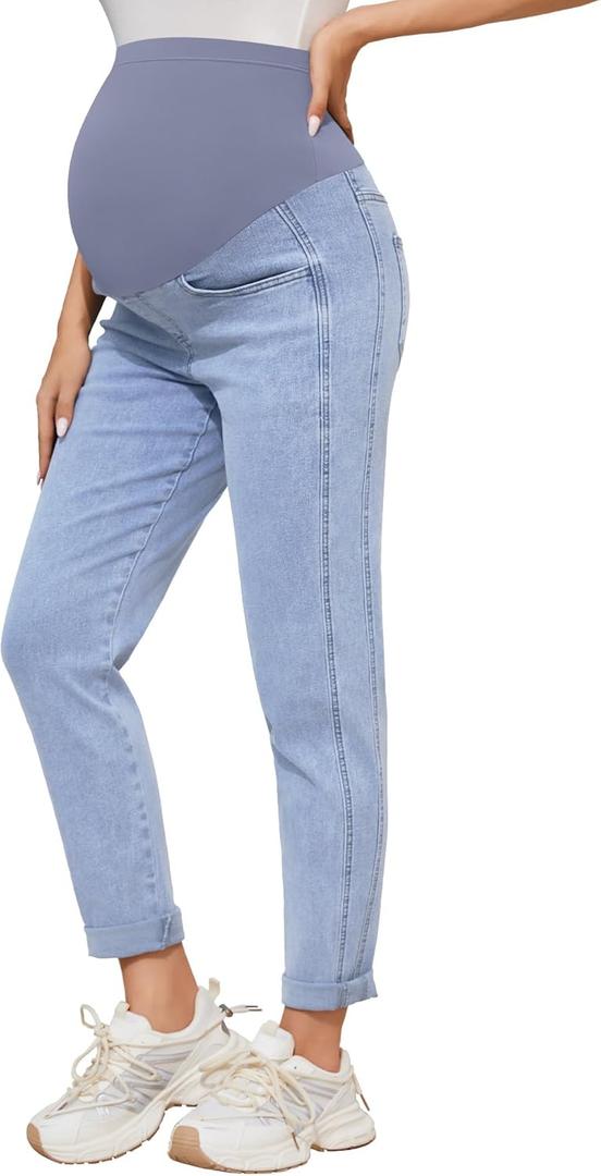 POSHGLAM Women's Maternity Boyfriend Jeans Over Belly Stretch Comfy Loose Casual Denim Pants with Pockets for Everyday Wear(Seam Light Blue, XX-Large)
