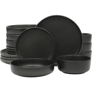 Gibson Elite Pasco 16 Piece (Service for 4) Plates and Bowls Double Bowl Reactive Glaze Dishes Stoneware Ceramic Dinnerware Set - Black
