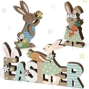 Capoda 3 Pcs Easter Decoration for Home Wooden Easter Bunny Table sign Farmhouse Bunny Table Centerpiece Rustic Rabbit Tiered Tray Decor for Spring Home Office Desk Shelf Mantel