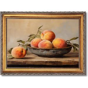 Vintage Peach Wall Art Antique Peaches in Rustic Bowl Oil Painging Poster Retro Fruit Decor Still Life Theme Picture Artwork for Cottage Kitchen Dining Room 36x24inch Gold Framed