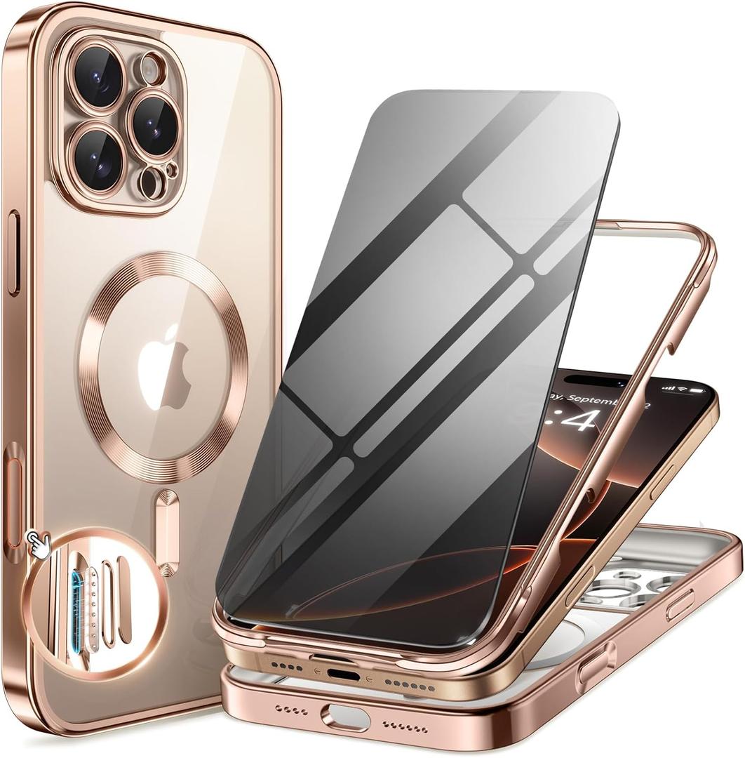 BERFY Magnetic for iPhone 16 Pro Max Case, Compatible with MagSafe, with Privacy Screen Protector, [Upgraded Camera Protection], 2-Layer Bumper Full Body Shockproof Plating Phone Case 6.9", Rose Gold