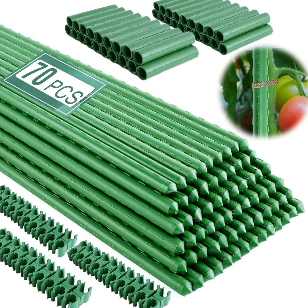 Garden Stakes 16 Inch 70 Pack, Diy 4ft 5ft 6ft 7ft 8ft Tomato Stakes Plastic Coated Metal Plant Sticks Stakes Supports with 40 Connectors 30 Rotatable Clips for Indoor Outdoor Plants Vegetable