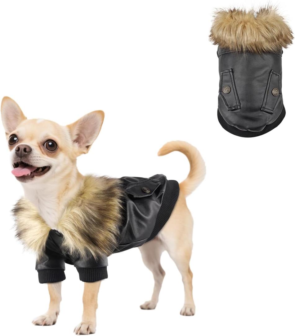 PETLESO Dog Coat for Small Dogs, Dog Leather Jacket Waterproof Windproof, Double Layer Warm Dog Winter Coat with Plush Lined, Black S