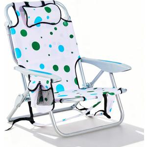 Portable Beach Chair for Adults, Outdoor Camping Chair Lay Flat Folding Backpack Beach Reclining Chair with 5 Positions, Headrest, Cup Holder, Heavy Geometric Circle