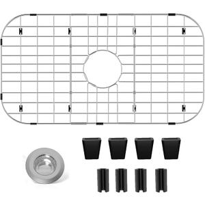 Sink Protectors for Kitchen Sink 26" x14", Stainless Steel Sink Protector for Round Corner Sink with Center Hole Sink Rack for Bottom of Sink with Sink Strainers (Separable, 26" x 14", Center Drain)
