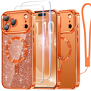 Glitter for iPhone 17 Pro Max Case with Eye-catching Integrated Lens Protection, [Sparkly Bling Back Panel] [Seamless Work with Magsafe] Cute Women Girly Phone Case for iPhone 17 Pro Max Cosmic Orange