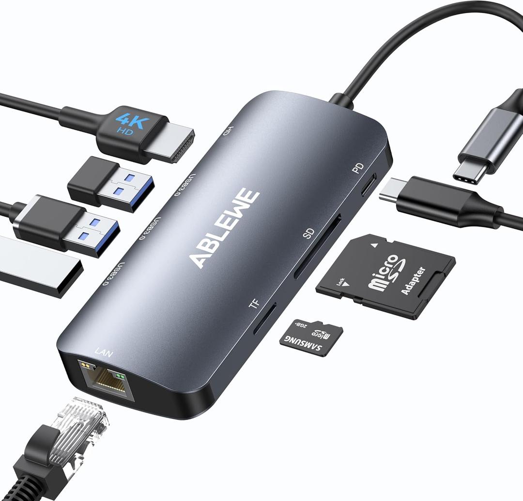 ABLEWE USB C Hub Ethernet, Multiport USB C to HDMI Hub, 8 in 1 4K@60Hz USBC Adapter,1000Mbps, 100W PD, 3 USB 3.0 Ports, Docking Station Compatible for MacBook, Tablet, Phone, Type C Devices (Grey)