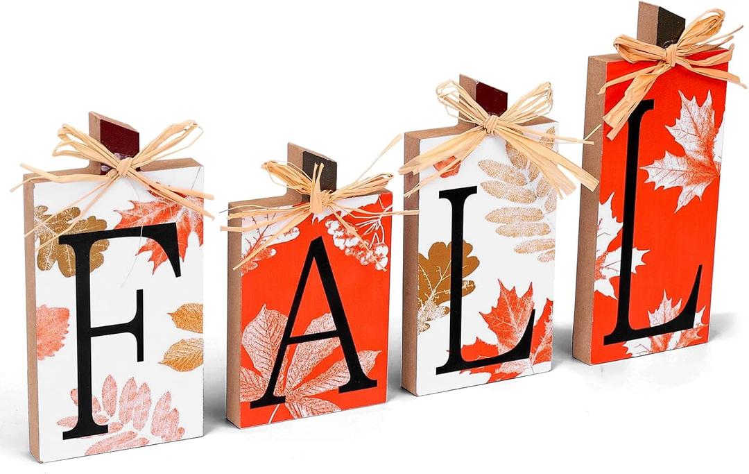 Zenymb 4 Pcs Fall Decorations for Home, Rustic Farmhouse FALL Signs Centerpieces, Autumn Decor Block Set for Thanksgiving Harvest Tiered Tray, Mantel & Table Decor