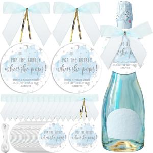 MotiMind 50 Set Pop Bottle Tags, Champagne Baby Shower Favor Labels When Pops Tags with Bows and Ribbon for Party Guest Gifts(Blue)