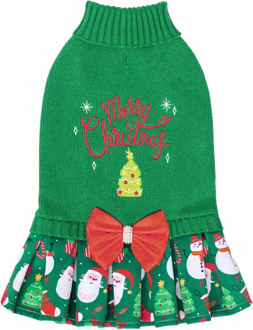 CuteBone Christmas Green Dog Sweater Dress Turtleneck Puppy Sweater with Bowtie Harness Hole Pullover Winter Dress for Medium Dogs (Large, Merry Christmas 2)