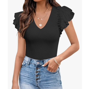 MISSJOY Womens V Neck Ruffle Short Sleeve Ribbed Slimming Basic Bodysuit Leotards Tops Blouses, Size M