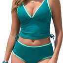 ZAFUL Womens Tankini Swimsuits Tummy Control Bathing Suits 2025 Two Piece Color Block Swim Suit with High Waisted Bottom (Large, Teal)