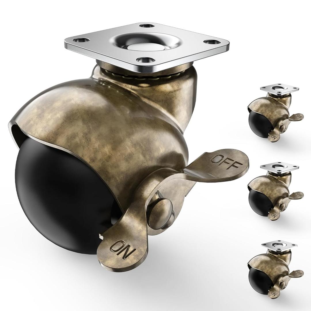 2 Inch Antique Brass Ball Casters, Vintage Caster Wheels, Swivel Plate Caster with Brake, Set of 4 Furniture Wheels for Sofa, Coffee Table, Cabinet, Kitchen Cart